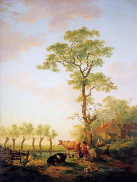 牛 雄牛 Painting - 牛と農場のあるオランダの風景